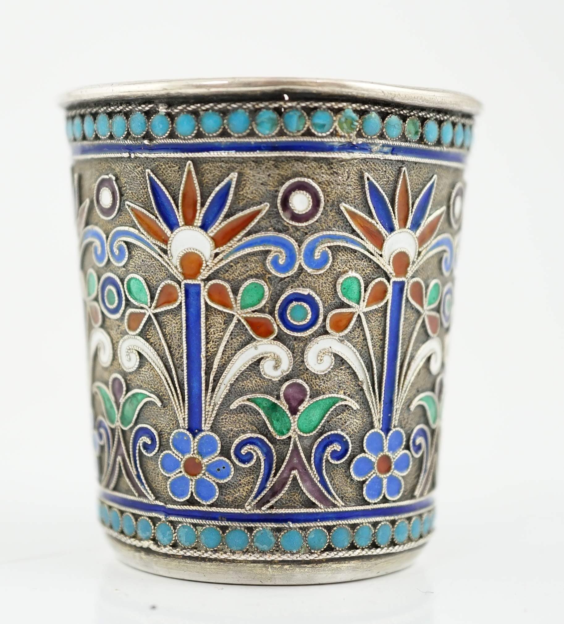 A late 19th century Russian 84 zolotnik silver and cloisonné enamel tot, assay master Anatoly Artsibashev